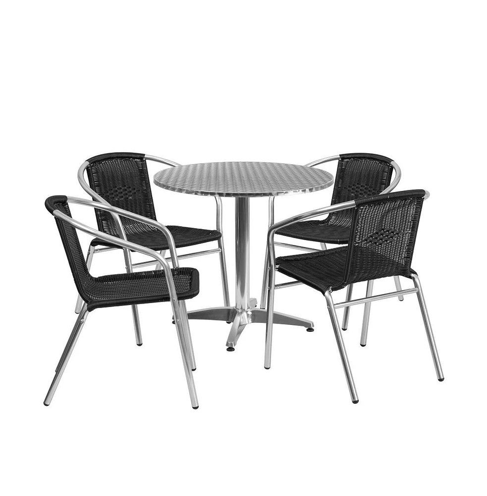 31.5" Round Aluminum Garden Patio Table Set With Rattan Chairs