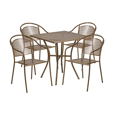 Commercial Grade 28" Square Metal Garden Patio Table Set W/ 4 Round Back Chairs