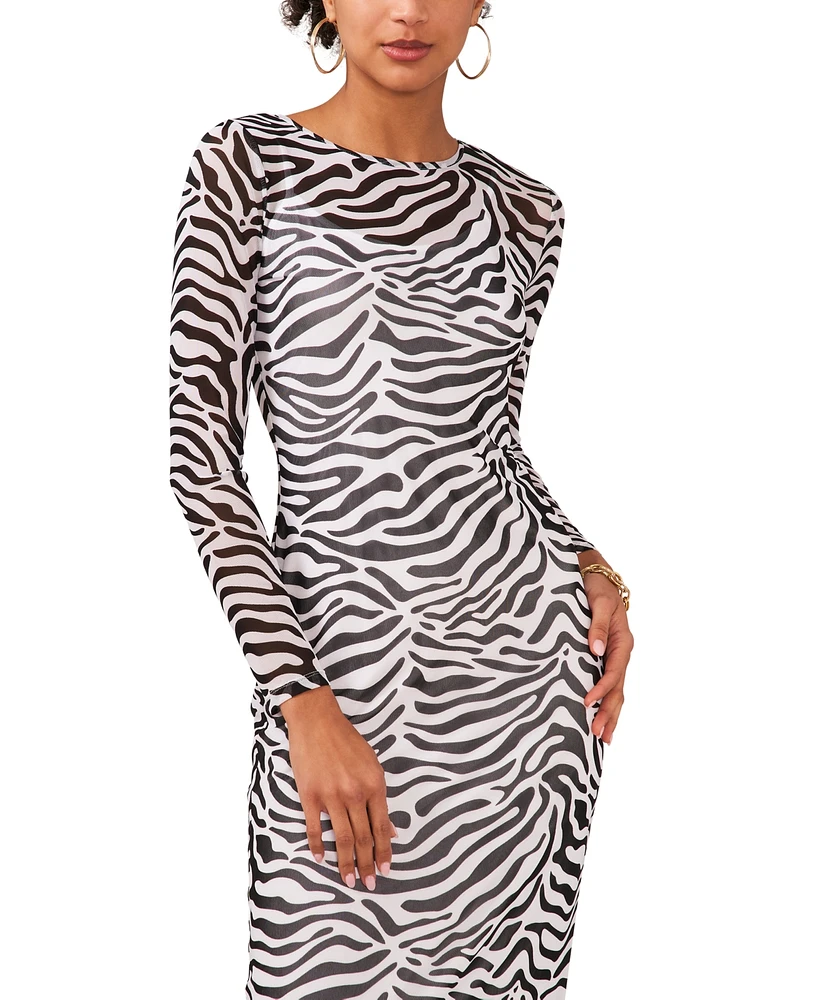 Msk Women's Printed Round-Neck Long-Sleeve Mesh Dress