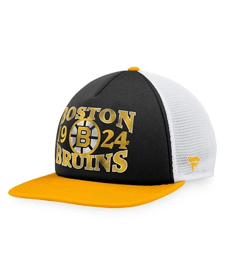 Men's Fanatics Black, Gold Distressed Boston Bruins Heritage Vintage-Like Foam Front Trucker Snapback Hat