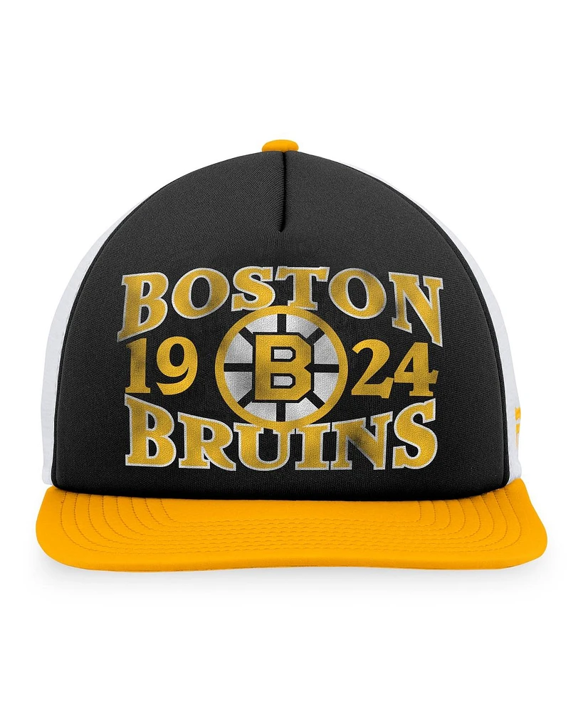 Men's Fanatics Black, Gold Distressed Boston Bruins Heritage Vintage-Like Foam Front Trucker Snapback Hat