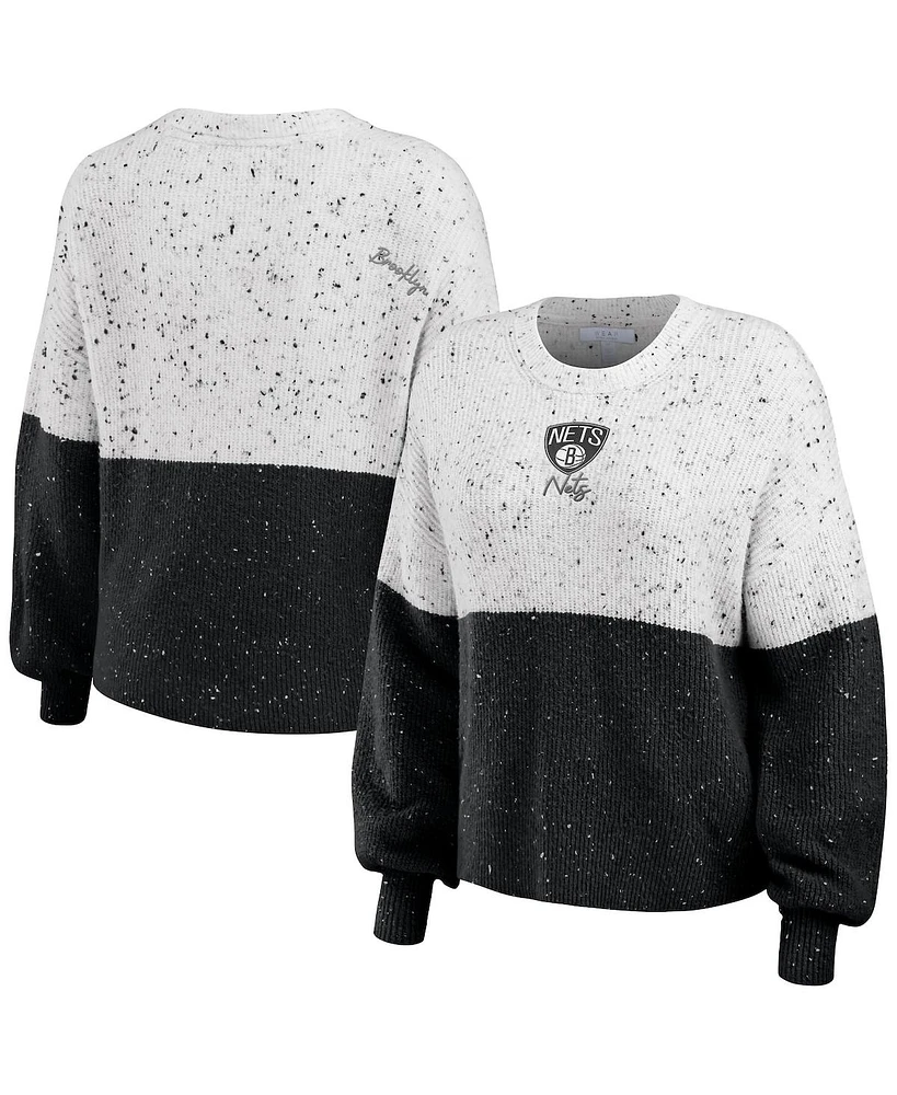 Women's Wear by Erin Andrews White, Black Brooklyn Nets Color-Block Pullover Sweater
