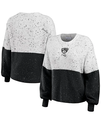 Women's Wear by Erin Andrews White, Black Brooklyn Nets Color-Block Pullover Sweater