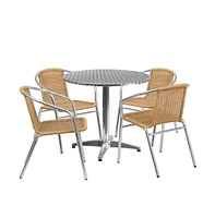 31.5" Round Aluminum Garden Patio Table Set With Rattan Chairs