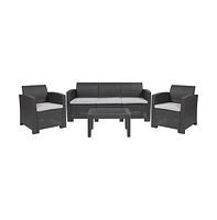 Vivian 4 Piece Faux Rattan Patio Furniture Set With 2 Chairs And Sofa With Removable Beige Cushions And Table