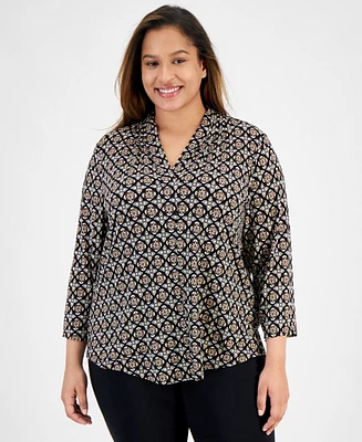 Jm Collection Plus V-Neck 3/4-Sleeve Top, Created for Macy's
