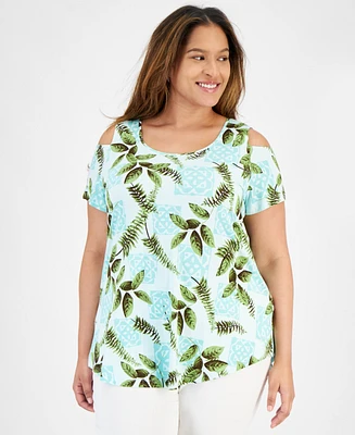 Jm Collection Plus Size Tropical Maze Cold-Shoulder Top, Created for Macy's