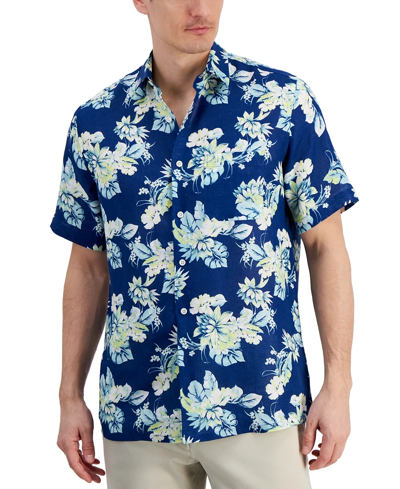 Club Room Men's Noche Floral-Print Short-Sleeve Linen Shirt, Created for Macy's