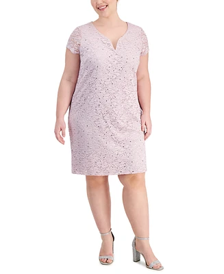 Connected Plus V-Slit-Neck Sequin Lace Sheath Dress