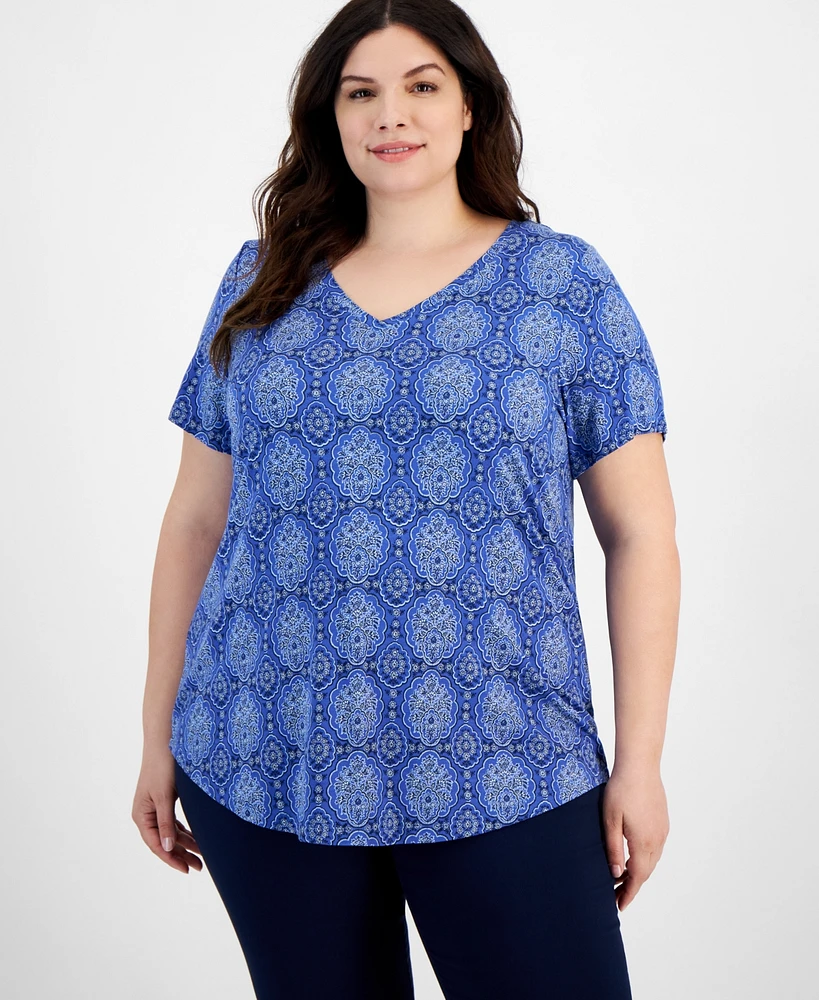 Jm Collection Plus Marrakesh Medallion Print V-neck Top