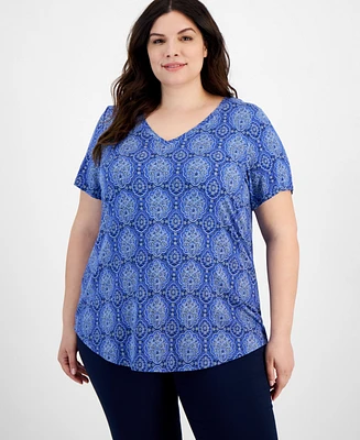 Jm Collection Plus Marrakesh Medallion Print V-neck Top, Created for Macy's