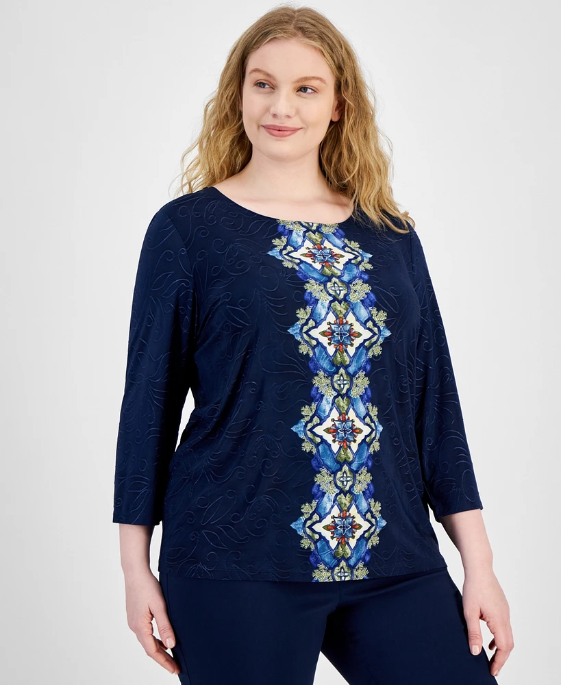 Jm Collection Plus Printed Jacquard 3/4-Sleeve Top, Created for Macy's
