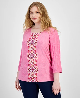 Jm Collection Plus Printed Jacquard 3/4-Sleeve Top, Created for Macy's