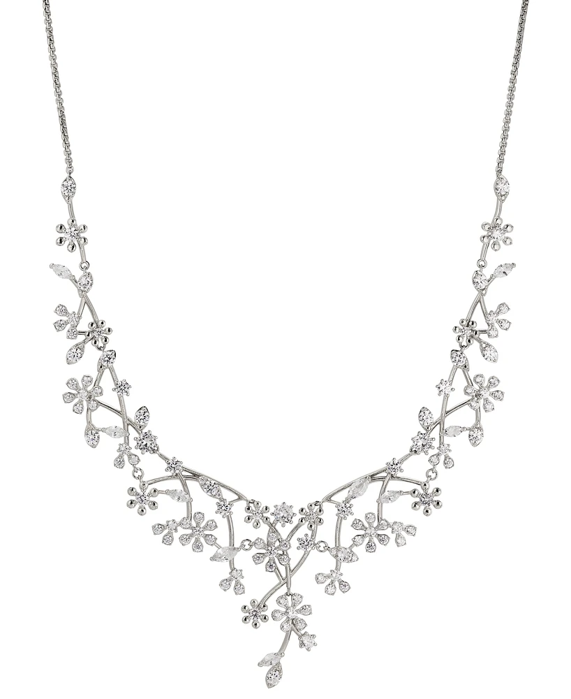 Eliot Danori Rhodium-Plated Cubic Zirconia Flower Statement Necklace, 16" + 2" extender, Created for Macy's