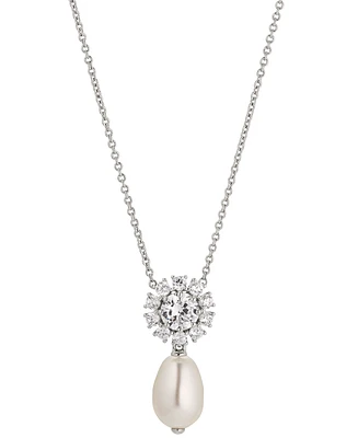 Eliot Danori Rhodium-Plated Cubic Zirconia Flower & Imitation Pearl Pendant Necklace, 16" + 2" extender, Created for Macy's