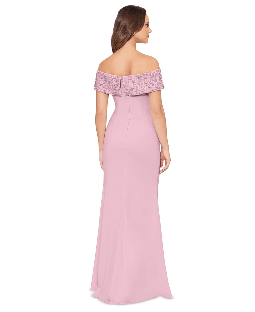 Betsy & Adam Women's Beaded Off-The-Shoulder Gown