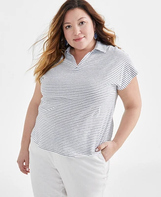 Style & Co Plus Stripe Linen Blend Polo T-Shirt, Created for Macy's