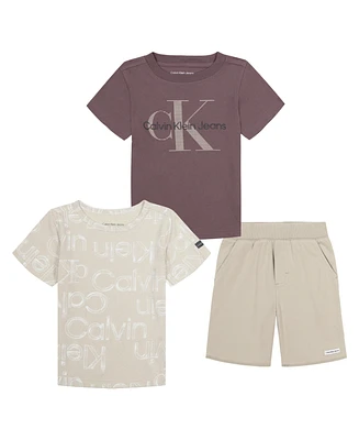 Calvin Klein Little Boys Set- 2 Logo T-shirts and French Terry Shorts, 3 piece set