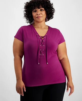 I.n.c. International Concepts Plus Lace-Up-Neck Short-Sleeve Top, Created for Macy's