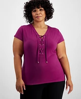 I.n.c. International Concepts Plus Lace-Up-Neck Short-Sleeve Top, Created for Macy's