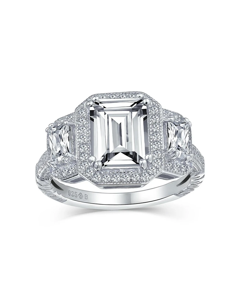 Bling Jewelry Estate Art Deco Style 3CT Aaa Cz Halo Rectangle Emerald Cut Statement Engagement Ring For Women Baguette Side Stones .925 Sterling Si