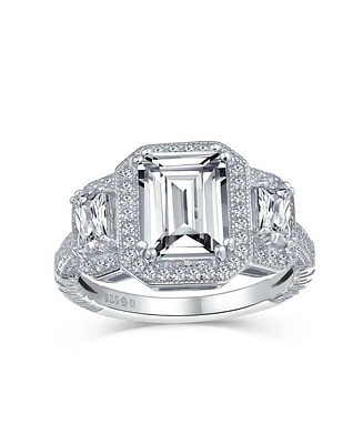 Bling Jewelry Estate Art Deco Style 3CT Aaa Cz Halo Rectangle Emerald Cut Statement Engagement Ring For Women Baguette Side Stones .925 Sterling Si