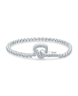 Bling Jewelry Romantic Bezel Set Round Aaa Cz Cubic Zirconia Bridal Tennis Bracelet Heart Shaped Open Latch Clasp For Women Sterling Silver 7.5 Inch N