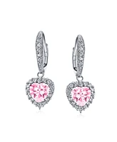 Bling Jewelry Bridal Anniversary Wedding Romantic 4CT Cz Pink Halo Heart Shaped Cubic Zirconia Dangle Lever back Earrings Girlfriend Invisible Cut Rho