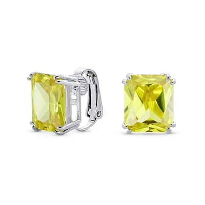 Bling Jewelry Rectangle Shape Statement 7CT Emerald Cut Cz Solitaire Clip On Stud Earrings Rhodium Plated Brass Non Pierced 14MM x 12MM