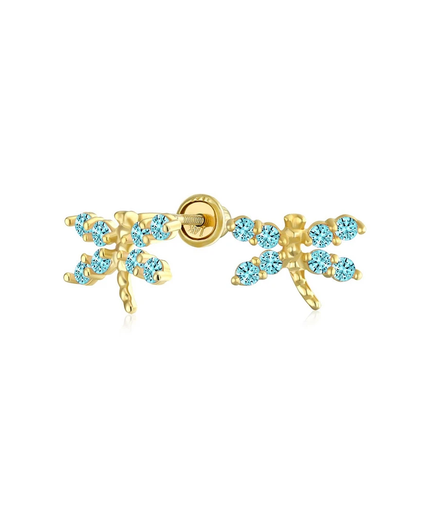 Bling Jewelry Tiny Cubic Zirconia Blue Aqua Cz Dragonfly Firefly Butterfly Stud Earrings 14K Yellow Gold Screw back