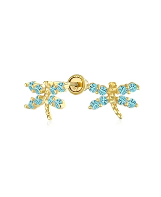 Bling Jewelry Tiny Cubic Zirconia Blue Aqua Cz Dragonfly Firefly Butterfly Stud Earrings 14K Yellow Gold Screw back