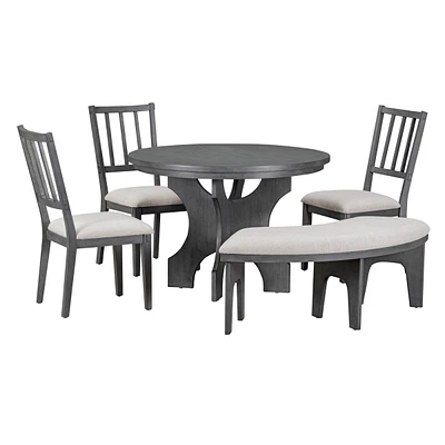 Simplie Fun 5-Piece Dining Set with Round Table, Curved Bench & Chairs