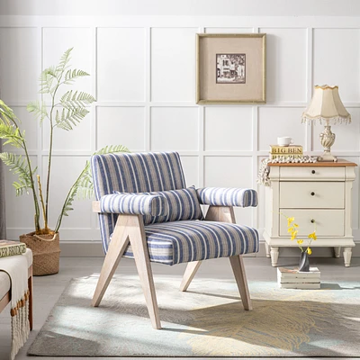 Simplie Fun Accent chair, Kiln Dried rubber wood legs with finish. Fabric cover the seat. With a cushion.Blue Stripe