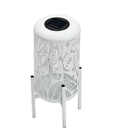 Glitzhome 14.25" H Metal Cutout Leaves Pattern Solar Powered Led Outdoor Lantern with Stand