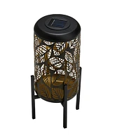 Glitzhome 14.25" H Black and Gold-Tone Metal Cutout Leaves Pattern Solar Powered Led Outdoor Lantern with Stand