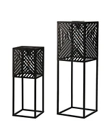 Glitzhome 23.75" H, 17.75" H Set of 2 Metal Stripes Geometric Solar Powered Edison Bulb Outdoor Floor Lantern or Planter Stands