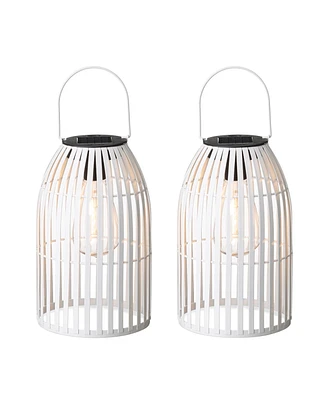 Glitzhome 9.75" H Set of 2 Metal Stripes Solar Powered Edison Bulb Outdoor Hanging Lantern