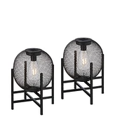 Glitzhome 11.5" H Set of 2 Metal Mesh Solar Powered Edison Bulb Outdoor Lantern with Stand