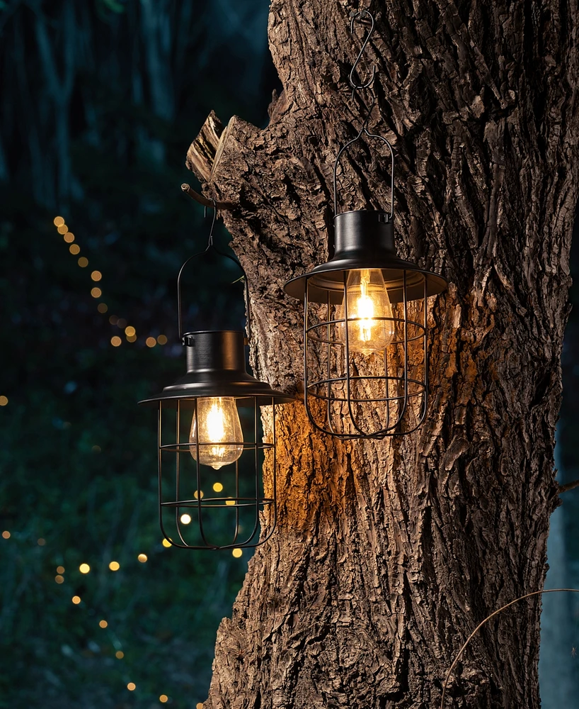 Glitzhome 9.75" H Set of 2 Industrial-Style Metal Wire Solar Powered Edison Bulb Outdoor Hanging Lantern