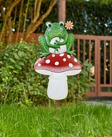 Glitzhome 30" H Multi-Functional 2-in-1 Metal Stacked Mushroom and Frog Garden Yard Stake, Wall Decor