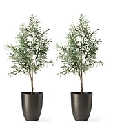 Glitzhome 16.75" H Set of 2 Black Resin and Stone Faux Brushed Steel Texture Tall Planter