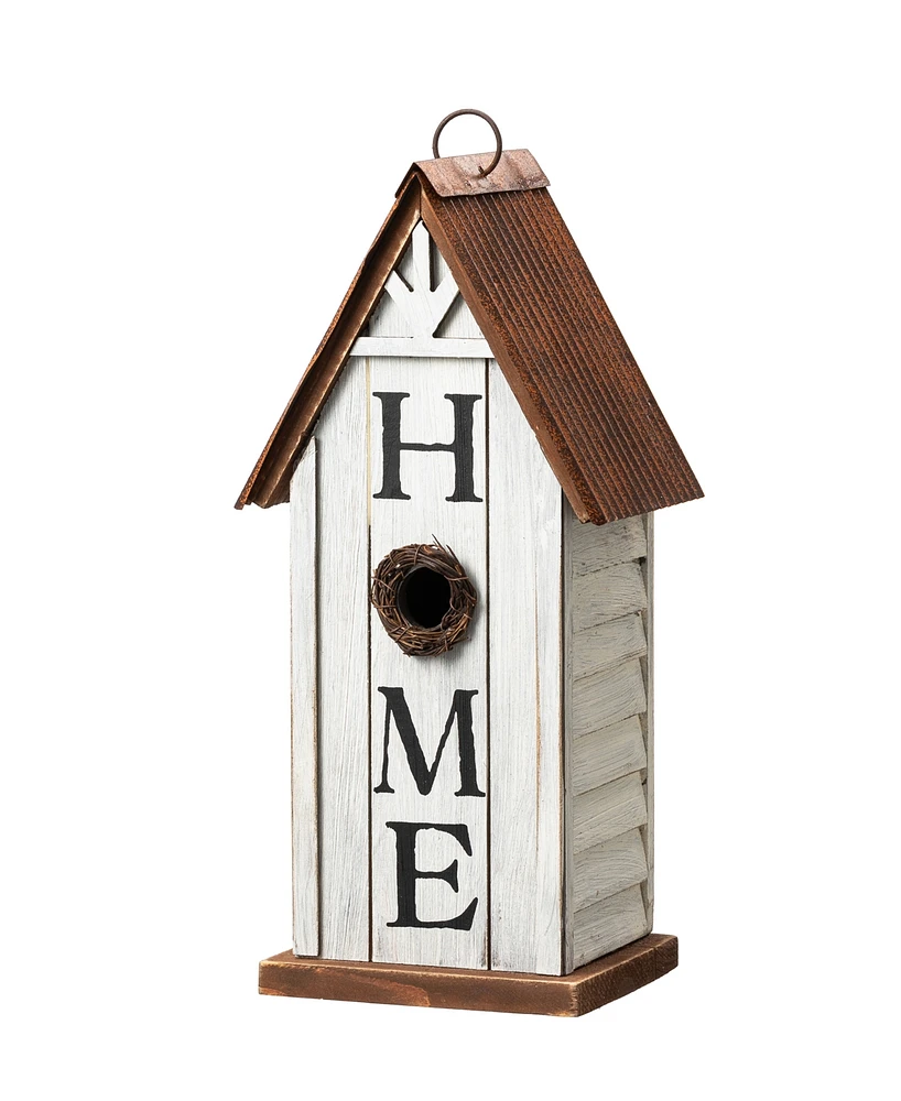 Glitzhome 14.75" H Washed White Distressed Solid Wood " Home" Inspiration Decorative Outdoor Garden Birdhouse