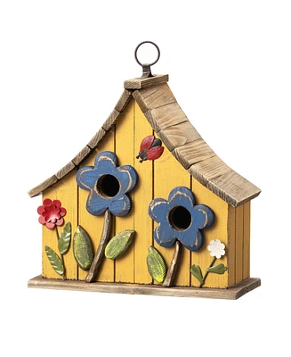 Glitzhome 10.5" H Washed Distressed Solid Wood Two-Story Townhouse Garden Birdhouse with 3D Flowers