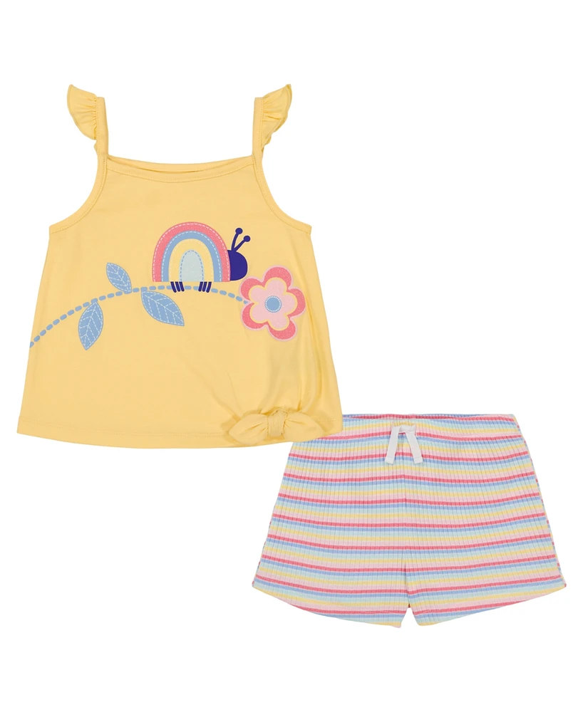 Kids Headquarters Little Girls Tie-Front Tank Top Multi Stripe Drop-Needle Shorts Set