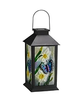 Glitzhome 11" H Set of 2 Stylish Textured Glass with Butterfly and Flower Pattern Solar Powered Hanging Lantern