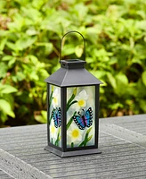 Glitzhome 11" H Set of 2 Stylish Textured Glass with Butterfly and Flower Pattern Solar Powered Hanging Lantern