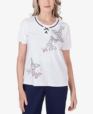 Alfred Dunner Women's All American Butterfly Heat Seat Short Sleeve Top