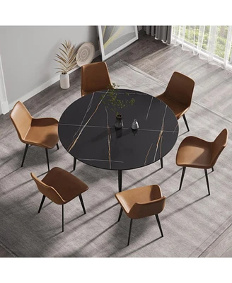 Simplie Fun 59.05" Modern Man-Made Stone Round Black Metal Dining Table-Position For 6 People