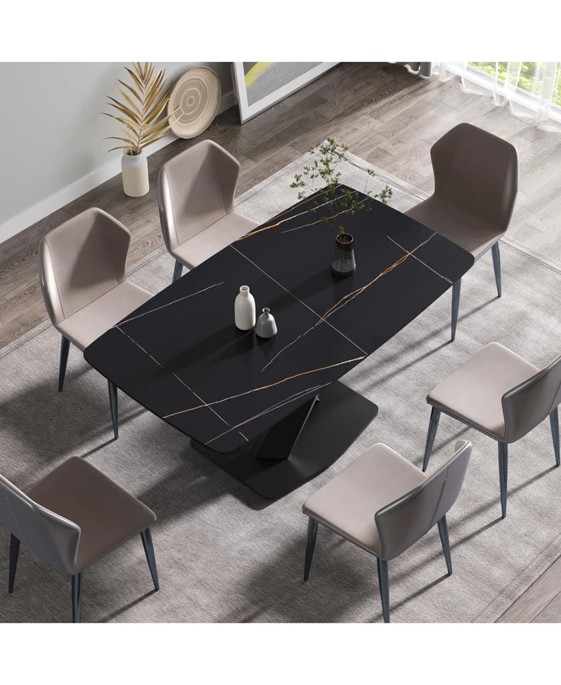 Simplie Fun 63" Modern Artificial Stone Black Curved Black Metal Leg Dining Table -6 People