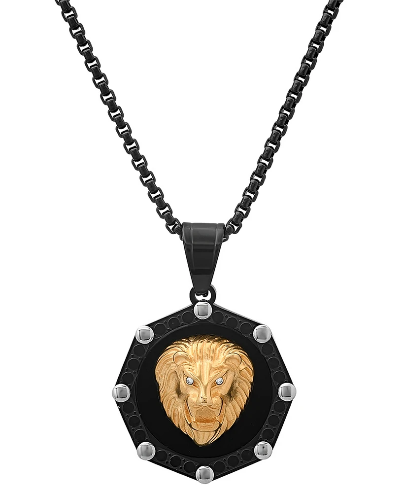 Steeltime Men's Two-Tone Stainless Steel Simulated Diamond Lion Head Greek Accent 24" Pendant Necklace